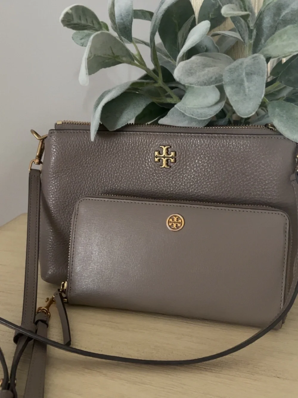 Tory Burch Taupe Leather Crossbody and Wallet Set with Gold Logo